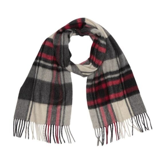 Phenix Final Sale Men's 100% Cashmere Tartan Plaid Fashion Fringe Scarf Grey Red - Picture 1 of 4